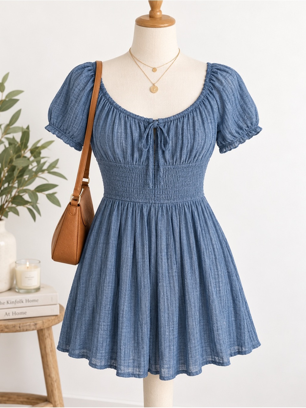 American‎ Eagle Blue Gauze Smocked Puff Sleeve Mini Dress Medium
